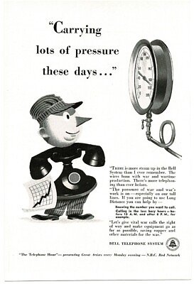 #ad 1942 Bell Telephone lots of pressure Cartoon mascot repairman Vintage print ad $8.95