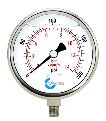#ad 4quot; Pressure Gauge Stainless Steel Case Liquid Filled Lower Mnt 200 PSI $32.95