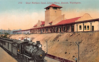 #ad Great Northern Railroad Depot Everett Washington Early Postcard Unused $12.00