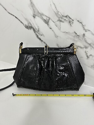 #ad VINTAGE Black Clutch Leather Crossbody Shoulder Snakeskin Purse Small Clasp Gold $35.00