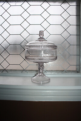 #ad Antique EAPG Glass Compote with Lid and Sawtooth Trim 19th Century $90.00