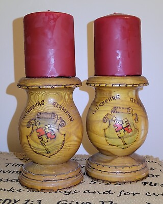 #ad #ad Pair Wurzburg Germany Wooden Candle Holders Hand painted Hand made 6 x 3.75quot; $17.49