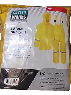 #ad Safety Works Professional 3 Piece Yellow Rain Suit Large Jacket Bib and Hood $16.95