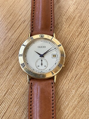 #ad Gucci 3800 M Chronograph Watch Cream Dial 18k Gold Plated Roman Numeral Bezel $179.00