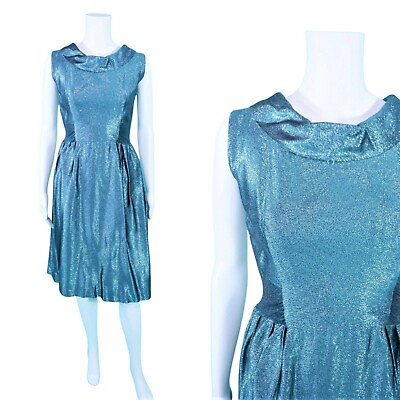 #ad #ad Vintage 1960s Metallic Dress Turquoise Blue Lamé Cocktail W 25quot; $131.60