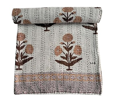 #ad Kantha Quilt Indian Handmade Tree Print Vintage Cotton Boho Bedspread Blanket $87.39