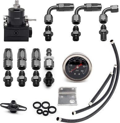 #ad Universal Adjustable Fuel Pressure Regulator Kits 100psi Guage AN6 Fitting Black $32.18