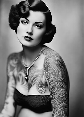 #ad Vintage Tattoo Photo Woman Black And White Picture Antique Style Wall art V1 $14.99