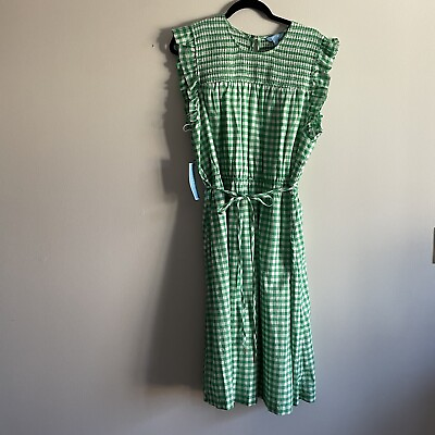 #ad Draper James RSVP Women S Green Gingham Sleeveless Smocked Yoke A Line Dress NWT $34.99