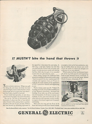 #ad 1944 General Electric It Mustn#x27;t Bite The Hand That Throws It Grenade Print Ad $9.99