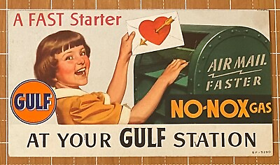 #ad GULF NO NOX GAS at GULF STATION INK BLOTTER GIRL MAILING VALENTINE CARD MAILBOX $15.99