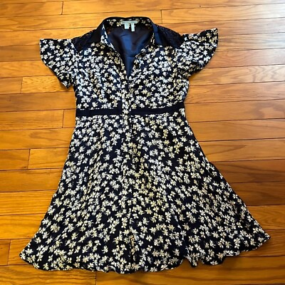 #ad Draper James Dress Womens 8 Blue White Floral Collared Short Sleeves $44.95