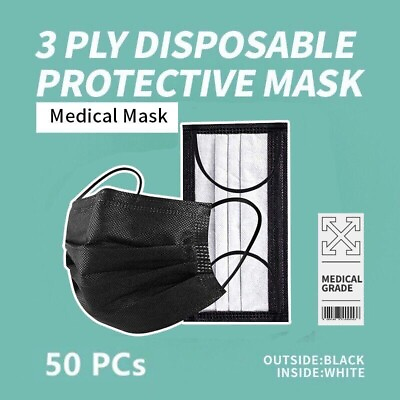 #ad 50 Pcs Black 3 Ply Face Mask Disposable Medical Grade Earloop Mouth Cover $8.97