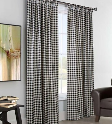 #ad Window curtain panels 63quot;L x 80quot;W tab top black ivory checkered insulated pair $41.25