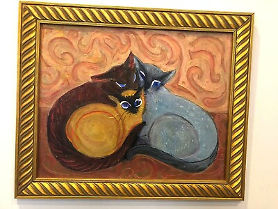 #ad Mamy and dady cat cuddeling baby cat oil painting unique $260.00