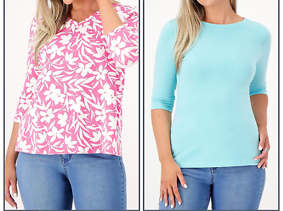 #ad Denim amp; Co. Essentials Favorite Jersey Set of Two Knit Tops Az Pink Lt Aqua 2X $23.37