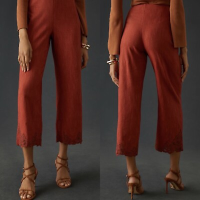 #ad By Anthropologie Rust High Rise Embroidered Cropped Wide Leg Pants Size 10 $34.99
