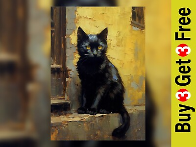 #ad Mystic Black Cat Oil Painting Print Enigmatic Art Decor 5quot; x 7quot; GBP 4.99