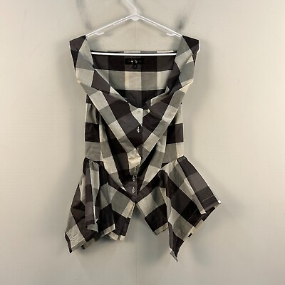 #ad Studio Mariya Womens Small Tank Top Blouse Shirt Brown Cream Plaid Silk 21621 $64.35