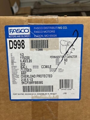 #ad Fasco D998 PSC Permanent Split Capacitor 5.6 1 2hp 115 230v 825rpm Motor s031 yy $225.00