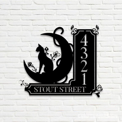 Personalized Black Cat On The Moon House Number Metal Wall Art Hanging Decor #ad #ad $31.88