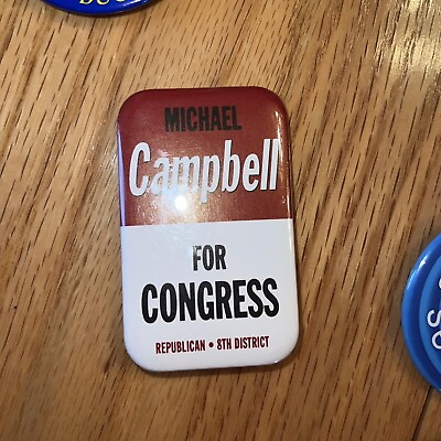 #ad Michael Campbell For Congress Republican 8th District Rectangle Button Pin Vinta $8.21