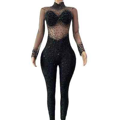 #ad Luxury Women Rhinestones Bodysuit Sexy Mesh Jumpsuit Dance Costume Stage Wear $310.45