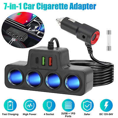 #ad 7 in 1 4Way Car Cigarette Lighter Socket Splitter Fast Charger Power Adapter 12V $12.98