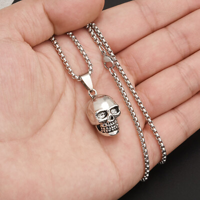 #ad Mens Stainless Steel Vintage Skull Skeleton Pendant Necklace Men Women Silver $9.95