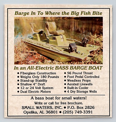 1984 Vintage Small Waters Inc. All Electric Bass Barge Boat Small Print Ad $6.99