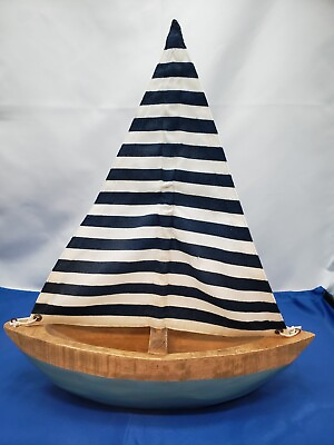 Nautical Hampton Wooden Canvas Blue Striped Pacific Model Sailboat Ocean $35.00