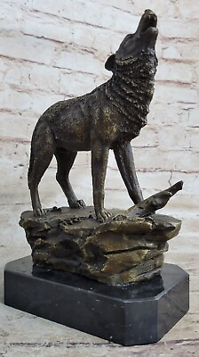 #ad Wolf in Bronze signiert auf Marmorsockel Bronzefigur Bronzeskulptur Statue $124.50