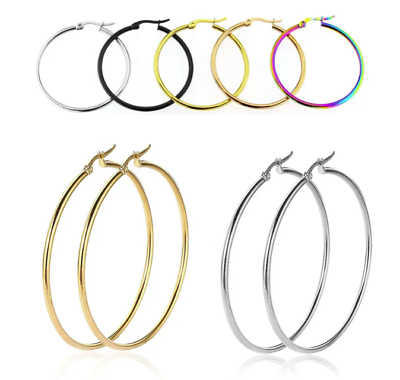 #ad Stainless Steel Gold Rose Gold Black Silver Simple Round Hoop Earrings 10 70mm $3.80