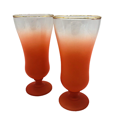 #ad Vintage Blendo Frosted Cocktail Glass Tumblers 2 Parfait Orange Peach Gold Rim $22.00