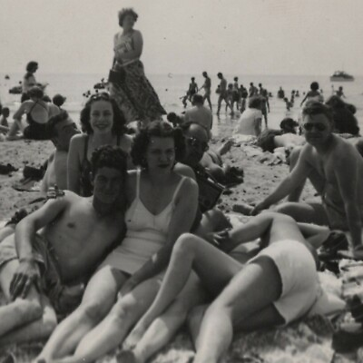 #ad Vtg. 1950#x27;s Beach Party Family Trip Found Photo Men Ladies lying In Sand Old Bamp;W $6.95