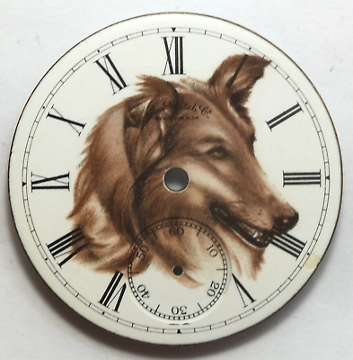 #ad Waltham 18 Size Rough Collie Dog Full Color Pocket Watch Porcelain Dial LW470 $45.00