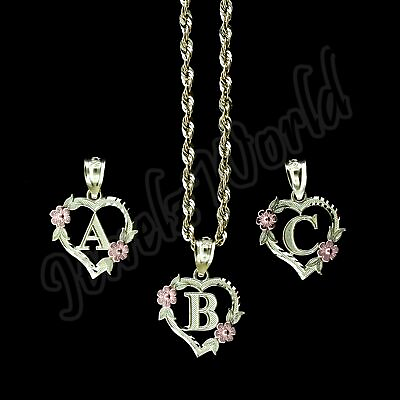 #ad 10K Solid Yellow Gold Heart Initial Letter Charm Pendant A Z Alphabet Rope Chain $199.99