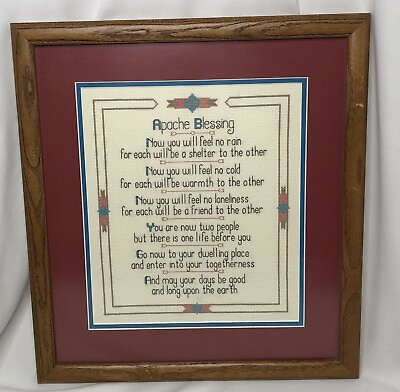 #ad Beautiful Solid Wood Framed Vintage Cross stitched Apache Blessing $44.99
