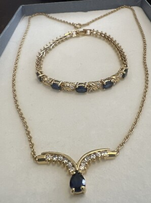 #ad Goldtone Blue Stone and Rhinestone Necklace Bracelet Set 18” $16.00
