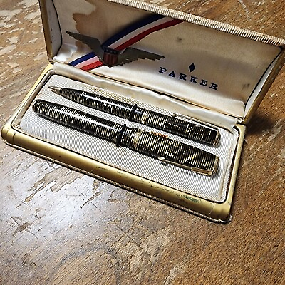#ad #ad 1938 Parker Vacumatic Gold Celluloid Fountain Pen And Pencil Combo With Case $265.00