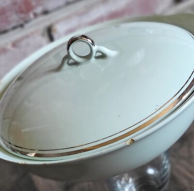#ad Porcelain Mint and Silver Covered Vegetable Casserole Dish in Mint Green large $14.00