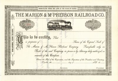 #ad Marion and McPherson Railroad Co. Railway Stock Certificate Branch Line of t $35.00