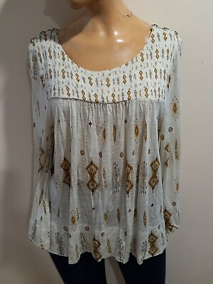 #ad Lucky Brand Womens Pullover Bell Sleeve Beige Blouse Size S Aztec $8.39