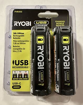 #ad RYOBI USB Lithium 2.0 Ah Lithium Rechargeable Batteries 2 Pack FVB202 New C $52.88