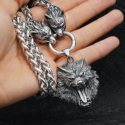 #ad Mens 20 Inch Stainless Steel Viking Wolf Head Pendant Necklace Heavy Men 28 Inch $7.99