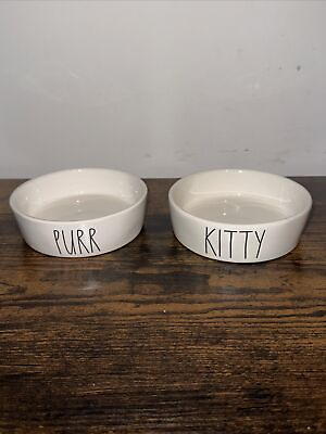 #ad RAE DUNN Cat Kitten Pet Bowls Dishes KITTY PURR Set Ceramic Food amp; Water Dish $18.99