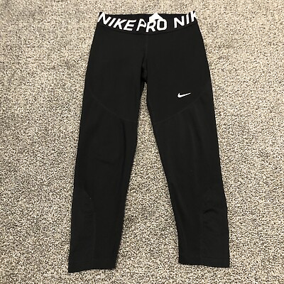 #ad Nike Pants Womens Medium Black White Swoosh Tights Gym Nike Pro Ladies 28x22 $21.88