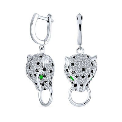 #ad 2.00CT Round Lab Created Emerald Panther Dangle Earrings 14K White Gold Plated $130.00