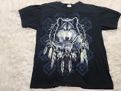 #ad Wolf Native American Western Headress Feathers Distressed L T Shirt Vintage $9.95