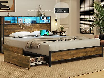 #ad Full Queen Bed Frame with LED Headboard Metal Platform Bed with Storage Drawers $215.89